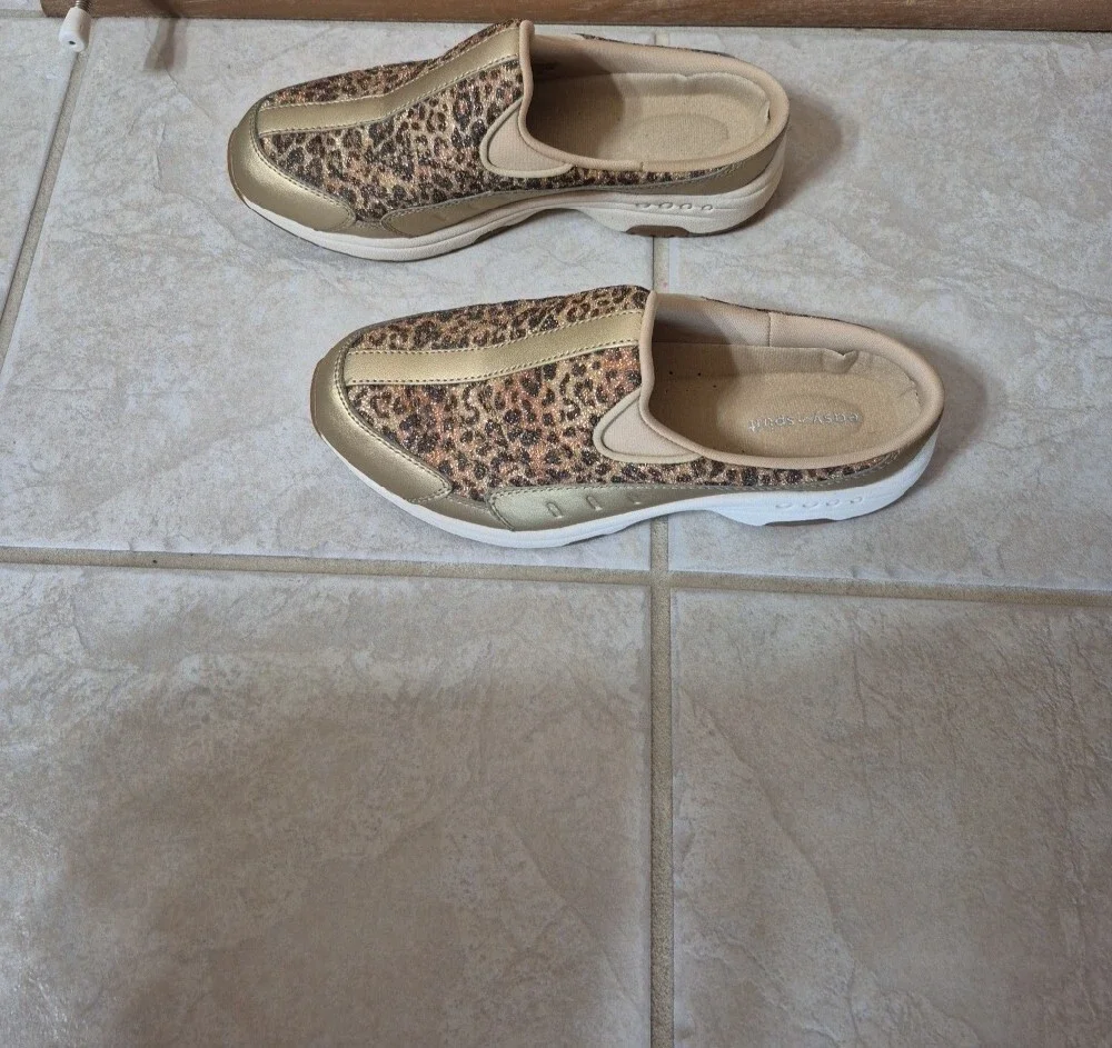 Easy Spirit Traveltime Leopard Print Comfort Fashion Sneakers - Gold 7.5W